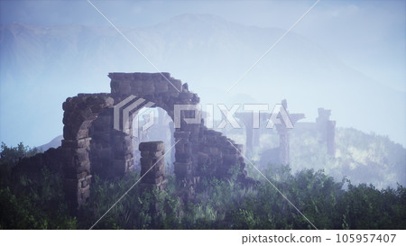 Collapsed fortress amidst rugged hillsides 105957407