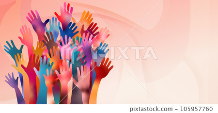 Banner with volunteer people with raised arms. People diversity. Charitable donation. Support and assistance. Multicultural community. NGO. Aid. Help. Volunteerism. Inclusivity. Teamwork 105957760