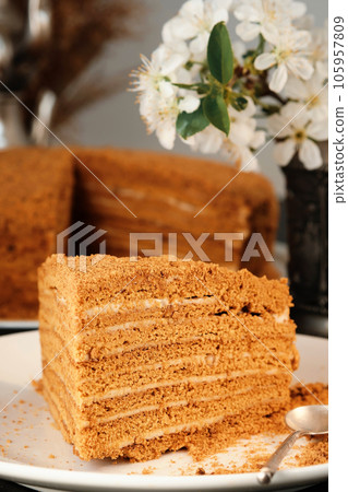 Close-up on a piece of layered honey cake, selective focus, vertical frame. Medovik or honey cake on a white plate, homemade cake Close-up on a piece of layered honey cake, selective focus, vertical frame. Medovik or honey cake on a white plate, homemade cake 105957809