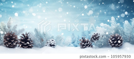A white winter background with snow and pine cones 105957930
