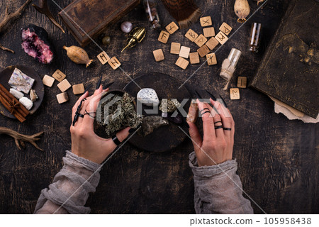 Esoteric magical background with runes. 105958438
