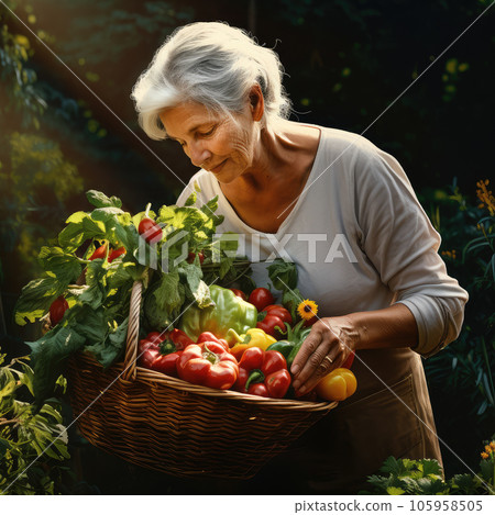 Grandmother harvesting vegetables. Generative ai 105958505