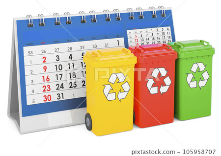 Colored recycling trash cans with desk calendar, 3D rendering Colored recycling trash cans with desk calendar, 3D rendering 105958707