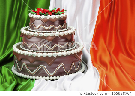 Chocolate cake on the Irish flag background, 3D rendering 105958764