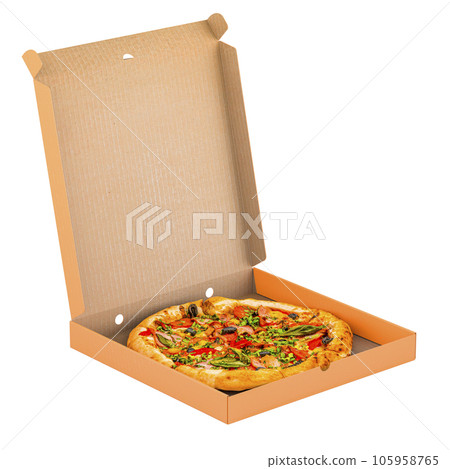 Opened pizza box with pizza, 3D rendering 105958765