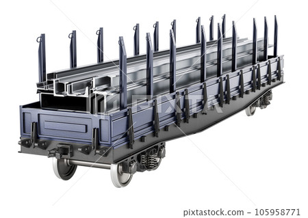 Freight wagon with stack of rolled metal products, side view. 3D rendering Freight wagon with stack of rolled metal products, side view. 3D rendering 105958771