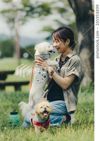 woman playing with her dog woman playing with her dog 105958899