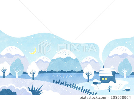 冬季背景框架與雪景和語音泡沫自然和湖邊房屋的水彩風景插圖 105958964