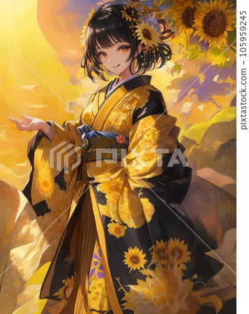A woman wearing a sunflower kimono 105959245
