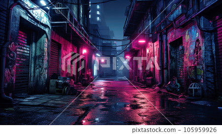 Street in cyberpunk city, alley with neon light, garbage and graffiti Street in cyberpunk city, alley with neon light, garbage and graffiti 105959926