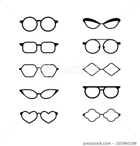 Collection of eyeglass frames. Sunglasses silhouette. Set of frames for fashionable glasses. Unusual retro shapes. Vector. 105960196