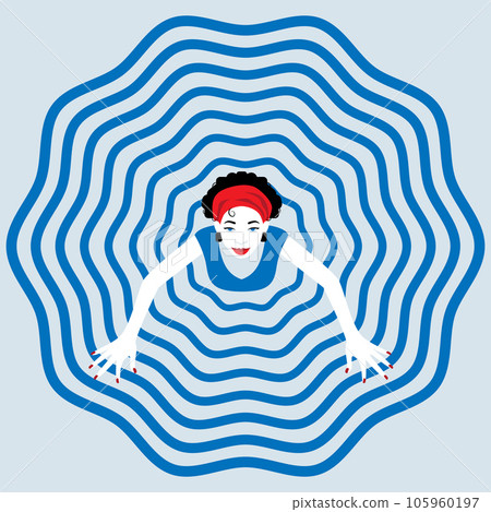 Young woman dances in a flowing skirt. View from above. Minimalistic flat style with pop art elements. Vector. 105960197