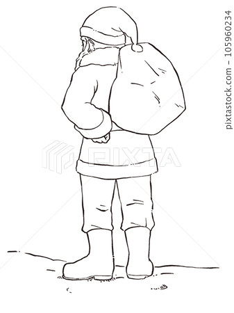 Back view of Santa Claus holding a gift Monochrome line drawing Hand-drawn Back view of Santa Claus holding a gift Monochrome line drawing Hand-drawn 105960234