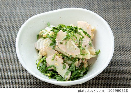 Kamaboko and perilla with mayonnaise and sesame ponzu sauce. Kamaboko and perilla with mayonnaise and sesame ponzu sauce. 105960818