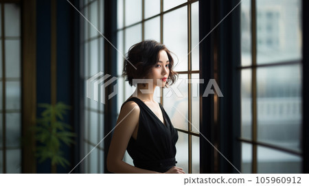 A woman in a dress smiling at the window AI image A woman in a dress smiling at the window AI image 105960912