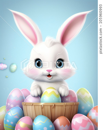 Easter eggs and rabbits in a basket AI image 105960993