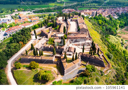 Aerial view of medieval castle of Hostalric. Spain Aerial view of medieval castle of Hostalric. Spain 105961141