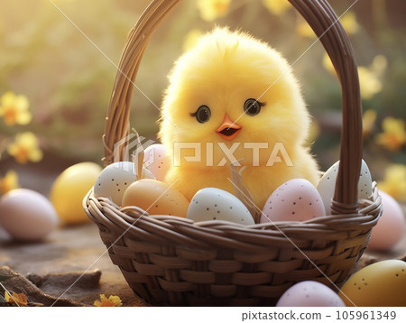 復活節彩蛋和籃子裡的小雞 AI 圖像 105961349