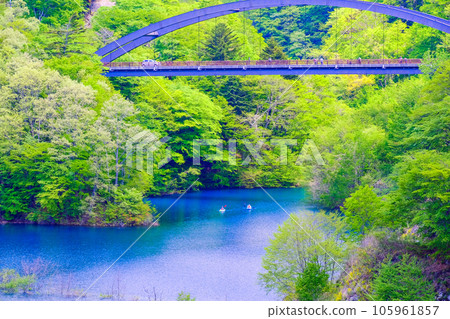 Fresh green Okushima lake and kayaking Fresh green Okushima lake and kayaking 105961857