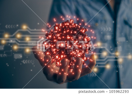 Man Hold Red Sci-Fi Earth Globe or Orb AI Brain and Circuit Line in Vintage Tone 105962293