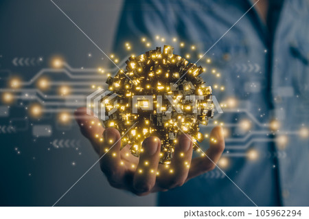 Man Hold Yellow Sci-Fi Earth Globe or Orb AI Brain and Circuit Line in Vintage Tone 105962294