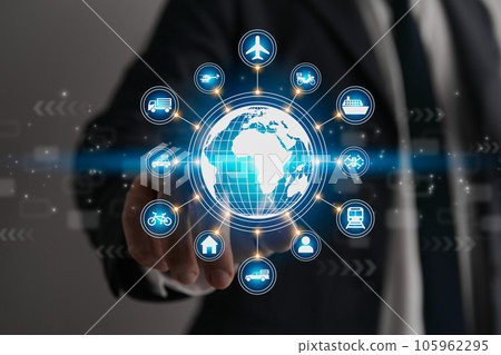 Businessman Hand and Finger Touch Blue Globe or World and Logistics Icon 105962295