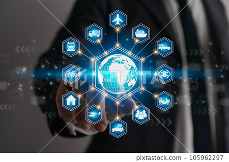 Businessman Hand and Finger Touch Blue Hexagonal Globe or World and Logistics Icon Businessman Hand and Finger Touch Blue Hexagonal Globe or World and Logistics Icon 105962297