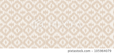 Seamless beige ikat pattern. Ethnic diamond monochrome repeating background. Ornamental tribal fabric and textile swatch print design. Vector light asian folk abstract wallpaper Seamless beige ikat pattern. Ethnic diamond monochrome repeating background. Ornamental tribal fabric and textile swatch print design. Vector light asian folk abstract wallpaper 105964079