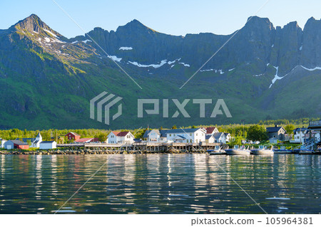 Fishing base in village Mefjordvaer, island Senja, Norway, Mefjord Brygge. Fishing village in summer 105964381