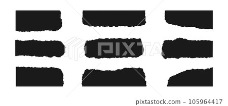 Torn paper corner pieces. Black cutout shapes with jagged edges. Ripped material corner, side and central elements collection. Textured grunge bundle for collage, text box, banner, sticker. Vector 105964417