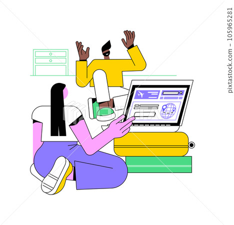 Buying tickets isolated cartoon vector illustrations. Happy couple buying tickets for vacation online using laptop and credit card, people lifestyle, getting ready for travelling vector cartoon. Buying tickets isolated cartoon vector illustrations. Happy couple buying tickets for vacation online using laptop and credit card, people lifestyle, getting ready for travelling vector cartoon. 105965281