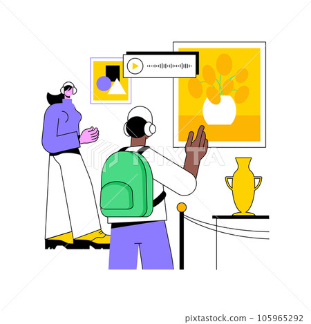 Audio guide isolated cartoon vector illustrations. Couple visit museum and listen to audio guide, city trip, cultural experience, gallery exhibition, travel and lifestyle vector cartoon. 105965292