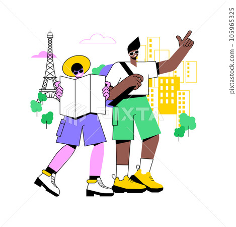 Sightseeing walk isolated cartoon vector illustrations. Tourists with map walking the city, cultural experience, people lifestyle, couple travels together, discover sightseeings vector cartoon. 105965325