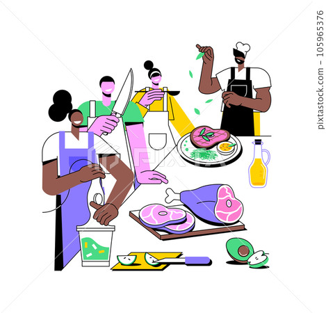 Chef masterclass isolated cartoon vector illustrations. People cook at the professional chef masterclass, food preparation lessons, gastronomy concept tour, culinary workshop vector cartoon. 105965376