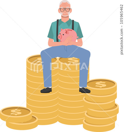 Financial Success. Happy Elderly man Holding Piggy Bank Sitting on Coin Stack. Financial Success. Happy Elderly man Holding Piggy Bank Sitting on Coin Stack. 105965462