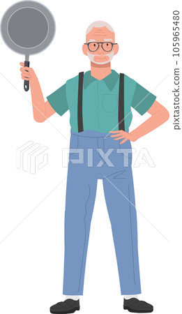 Joyful Grandpa Holding Pan. Confident Senior man with Cooking skill. Joyful Grandpa Holding Pan. Confident Senior man with Cooking skill. 105965480