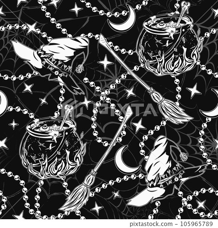 Pattern with witch witch hat, old fashioned broom, cauldron with potion on fire, crescent, stars, strings of pearls, silhouette of spiderweb behind. Symbols of witchcraft. Vintage style. 105965789