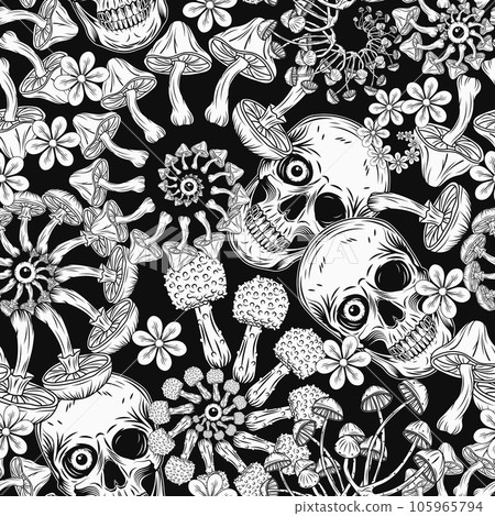 Pattern with human skull, mushrooms, chamomiles, eyeballs. Fractal, spiral ornament. Concept of madness and craziness. Surreal illustration for groovy, mystical, psychedelic design 105965794