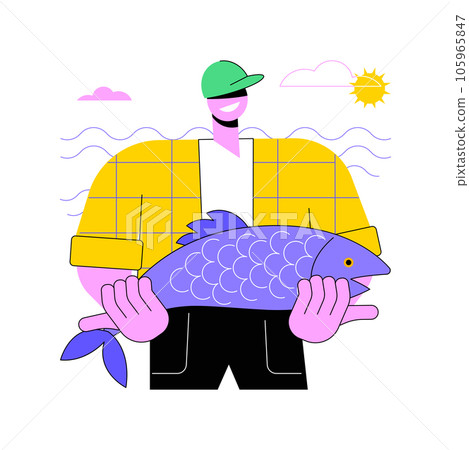 Vector Cartoon Illustration of Man or Fisherman Holding Big or