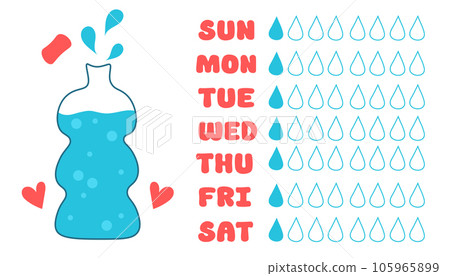 Water tracker template with bottle and splash. Drinking water checklist. Vector illustration. 105965899