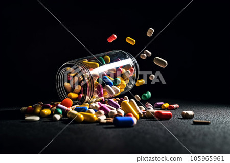 pills and capsules falling bottle on ground, AI generated. 105965961
