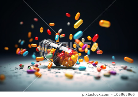 pills and capsules falling bottle on ground, AI generated. 105965966