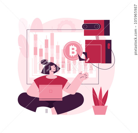 Crypto trading bot abstract concept vector illustration. Automated AI tradings, best bitcoin trading bot analyze cryptocurrency market data, financial exchange, earning profit abstract metaphor. 105965987