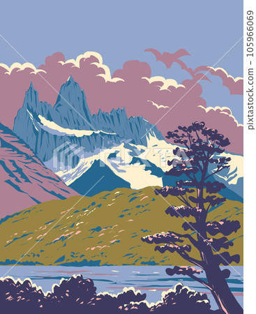 Monte Fitz Roy with Viedma Lake in Patagonia Argentina WPA Art Deco Poster 105966069