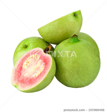 Guava is a tropical fruit with pink juicy flesh and a strong sweet aroma with leaf on a white background Guava is a tropical fruit with pink juicy flesh and a strong sweet aroma with leaf on a white background 105966406
