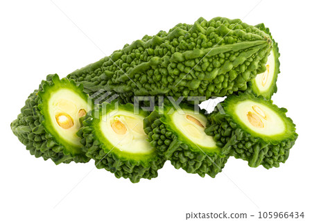 Fresh bitter gourd Bitter cucumber or bitter melon with cut slice isolated on a white background. 105966434