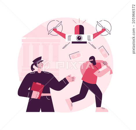 Law enforcement drones abstract concept vector illustration. Law enforcement surveillance UAV, police drone use, smart city IoT tools, government unmanned aerial vehicles abstract metaphor. 105966572