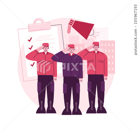 Compulsory military service abstract concept vector illustration. Military conscription, compulsory service training, new soldier recruiting, mandatory work for defense, warfare abstract metaphor. 105967193
