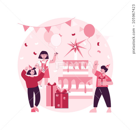 Kids birthday abstract concept vector illustration. Kids birthday party, party ideas, indoor spot, having fun, children celebration, clown on playground, parent rest, confetti abstract metaphor. Kids birthday abstract concept vector illustration. Kids birthday party, party ideas, indoor spot, having fun, children celebration, clown on playground, parent rest, confetti abstract metaphor. 105967423