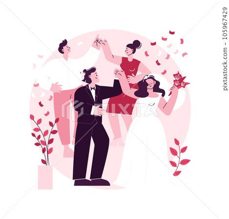Wedding party abstract concept vector illustration. Wedding planning service, marriage party idea, bride and bridesmaid dress, venue decoration, bouquet design, menu and bar abstract metaphor. 105967429